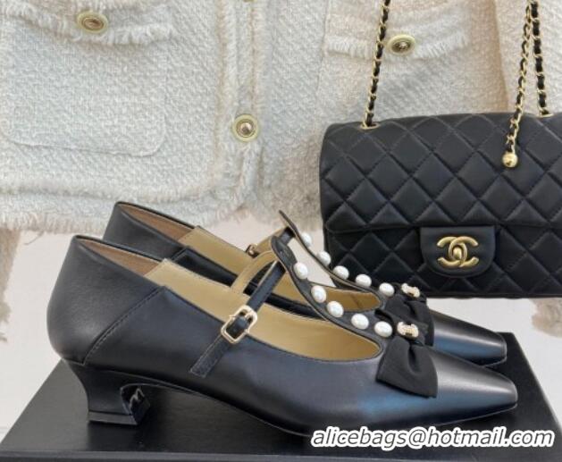 Shop Cheap Chanel Lambskin Mary Janes Pumps with Pearls and Bow Black 0103041