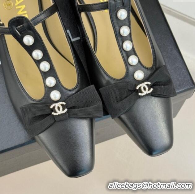 Shop Cheap Chanel Lambskin Mary Janes Pumps with Pearls and Bow Black 0103041