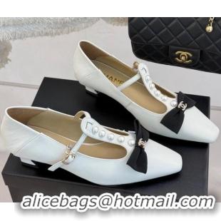 Fashion Luxury Chanel Lambskin Mary Janes Pumps with Pearls and Bow White 0103042