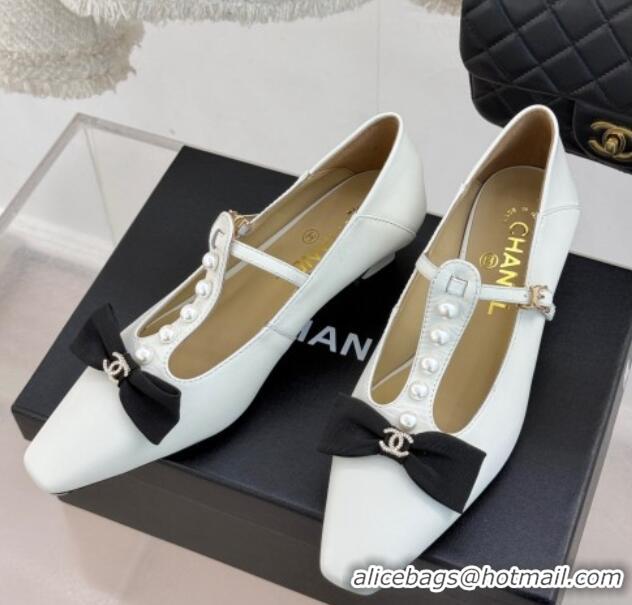 Fashion Luxury Chanel Lambskin Mary Janes Pumps with Pearls and Bow White 0103042