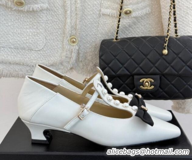 Fashion Luxury Chanel Lambskin Mary Janes Pumps with Pearls and Bow White 0103042