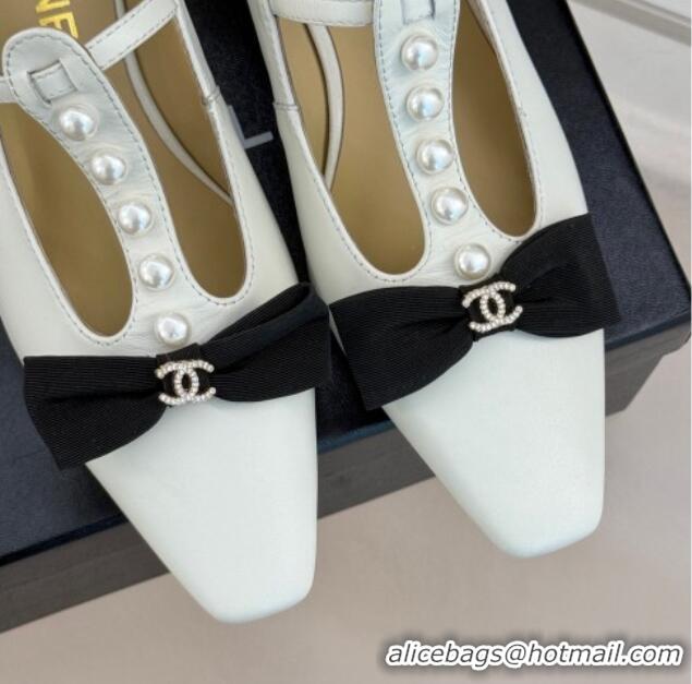 Fashion Luxury Chanel Lambskin Mary Janes Pumps with Pearls and Bow White 0103042