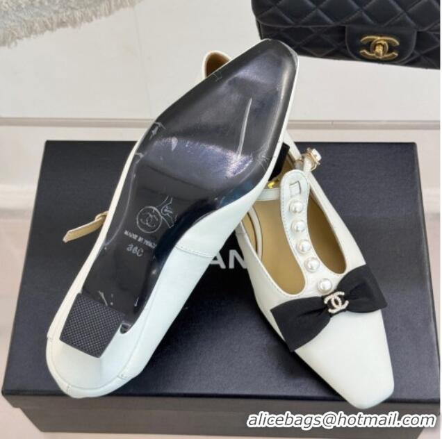 Fashion Luxury Chanel Lambskin Mary Janes Pumps with Pearls and Bow White 0103042