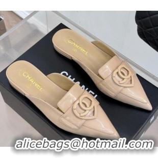 Popular Style Chanel Patent Calfskin Flat Mules with CC Heart Nude 0103044