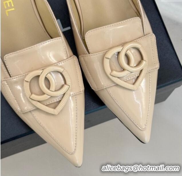 Popular Style Chanel Patent Calfskin Flat Mules with CC Heart Nude 0103044