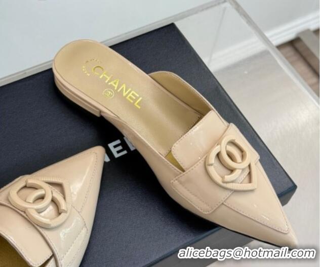 Popular Style Chanel Patent Calfskin Flat Mules with CC Heart Nude 0103044