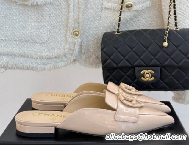 Popular Style Chanel Patent Calfskin Flat Mules with CC Heart Nude 0103044