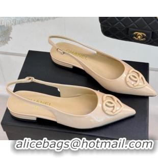 Top Grade Chanel Patent Calfskin Flat Slingbacks with CC Heart Nude 0103045