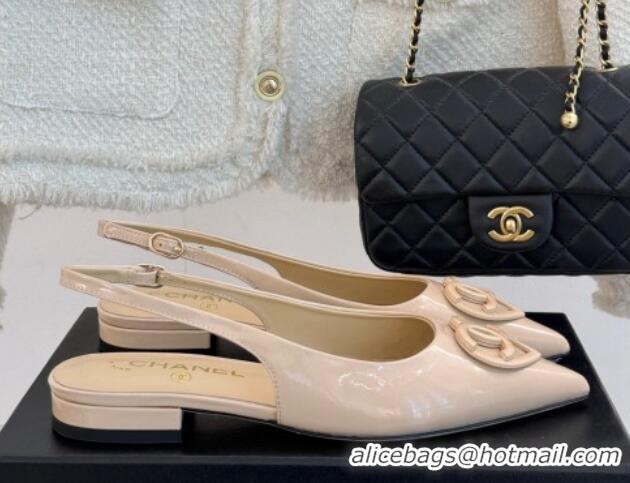 Top Grade Chanel Patent Calfskin Flat Slingbacks with CC Heart Nude 0103045