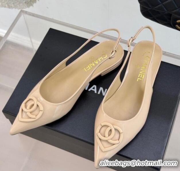 Top Grade Chanel Patent Calfskin Flat Slingbacks with CC Heart Nude 0103045