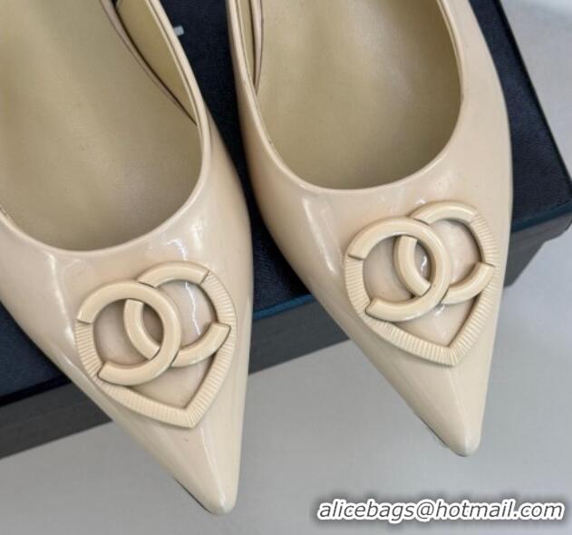 Top Grade Chanel Patent Calfskin Flat Slingbacks with CC Heart Nude 0103045