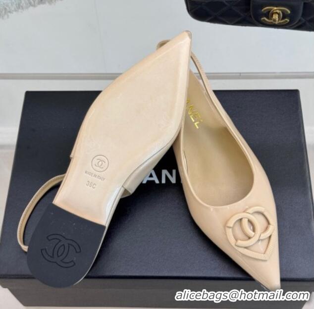 Top Grade Chanel Patent Calfskin Flat Slingbacks with CC Heart Nude 0103045