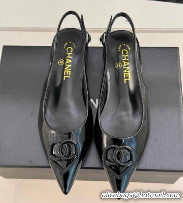 Pretty Style Chanel Patent Calfskin Flat Slingbacks with CC Heart Black 0103046