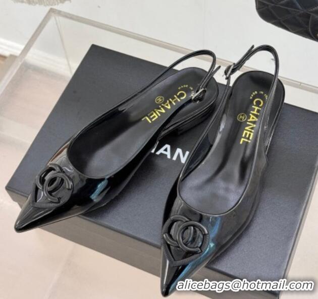 Pretty Style Chanel Patent Calfskin Flat Slingbacks with CC Heart Black 0103046