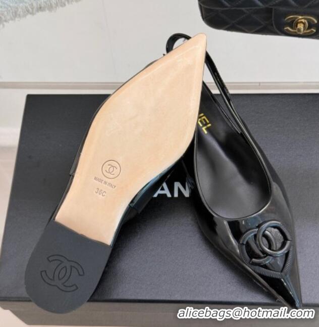 Pretty Style Chanel Patent Calfskin Flat Slingbacks with CC Heart Black 0103046