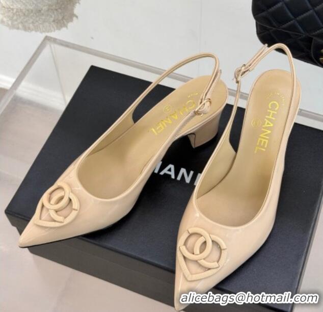 Unique Style Chanel Patent Calfskin Slingback Pumps 5cm with CC Heart Nude 0103047