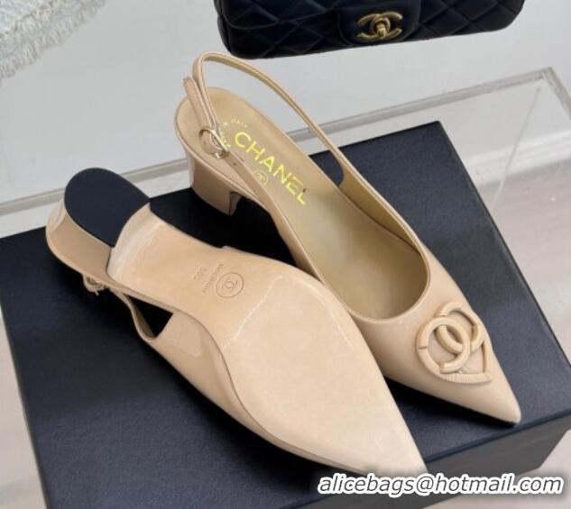 Unique Style Chanel Patent Calfskin Slingback Pumps 5cm with CC Heart Nude 0103047