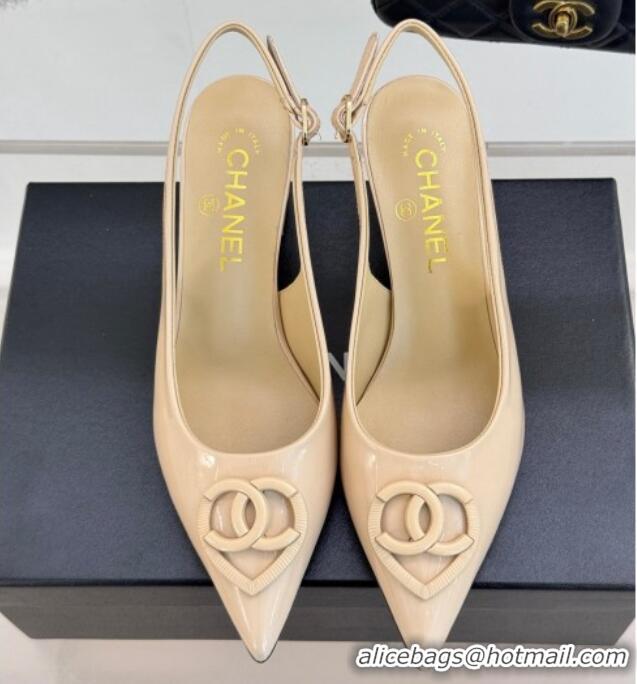 Unique Style Chanel Patent Calfskin Slingback Pumps 5cm with CC Heart Nude 0103047