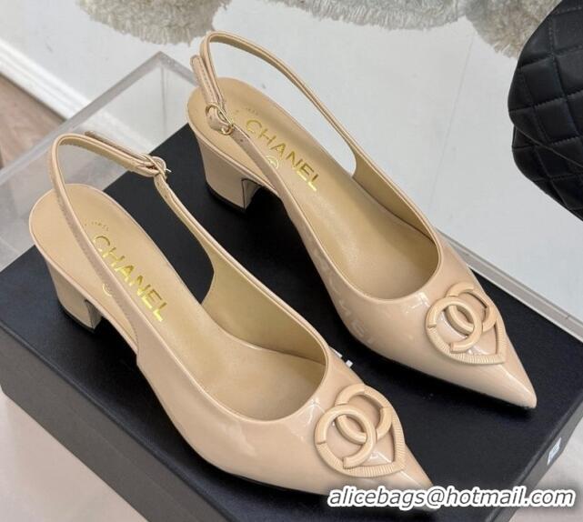 Unique Style Chanel Patent Calfskin Slingback Pumps 5cm with CC Heart Nude 0103047