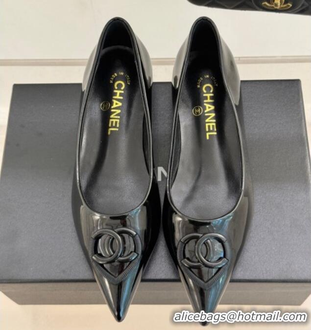 Perfect Chanel Patent Calfskin Ballet Flats with CC Heart Black 0103049