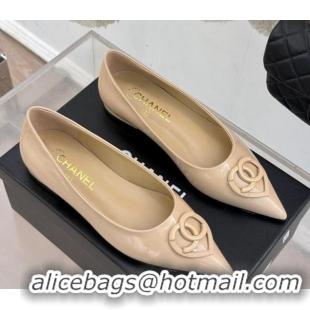 Good Quality Chanel Patent Calfskin Ballet Flats with CC Heart Nude 0103050