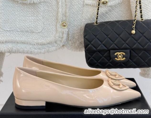 Good Quality Chanel Patent Calfskin Ballet Flats with CC Heart Nude 0103050