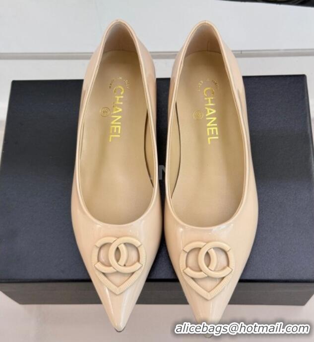 Good Quality Chanel Patent Calfskin Ballet Flats with CC Heart Nude 0103050