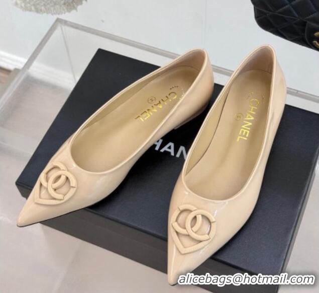 Good Quality Chanel Patent Calfskin Ballet Flats with CC Heart Nude 0103050