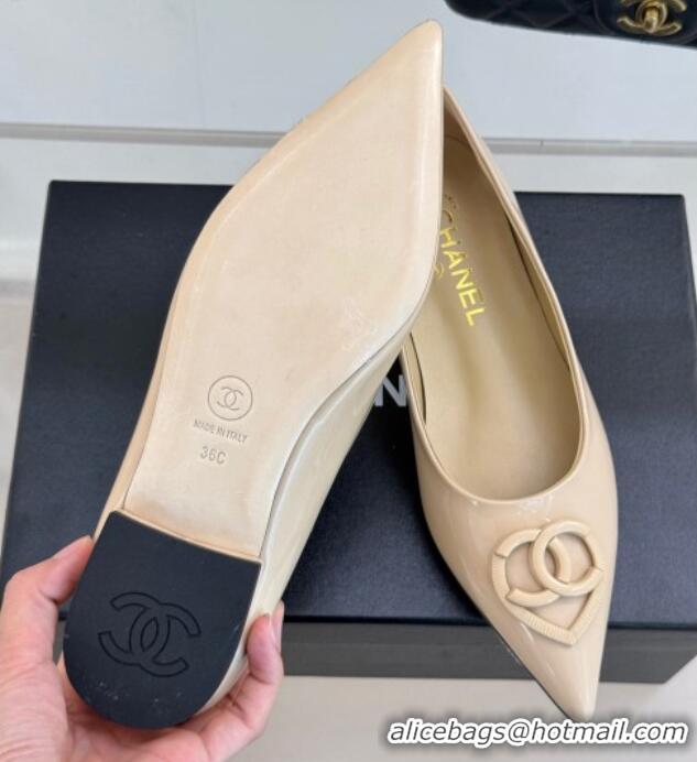 Good Quality Chanel Patent Calfskin Ballet Flats with CC Heart Nude 0103050