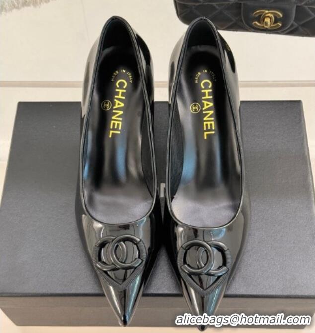 Shop Duplicate Chanel Patent Calfskin Leather Pumps 5cm with CC Heart Black 0103051