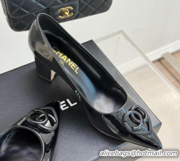 Shop Duplicate Chanel Patent Calfskin Leather Pumps 5cm with CC Heart Black 0103051