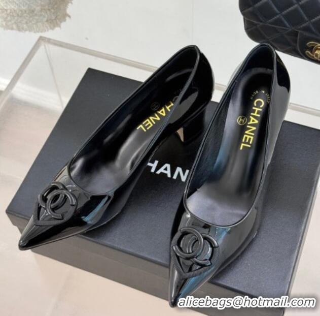 Shop Duplicate Chanel Patent Calfskin Leather Pumps 5cm with CC Heart Black 0103051