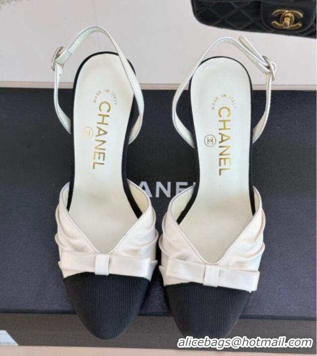 Classic Hot Chanel Satin & Grosgrain Slingback Pumps 9cm White 0103054