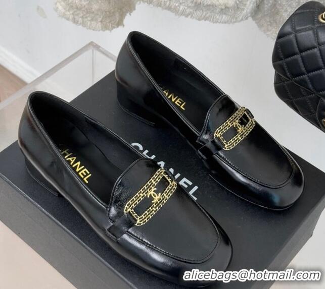 Pretty Style Chanel Shiny Lambskin Loafers with Chain Black 0103059