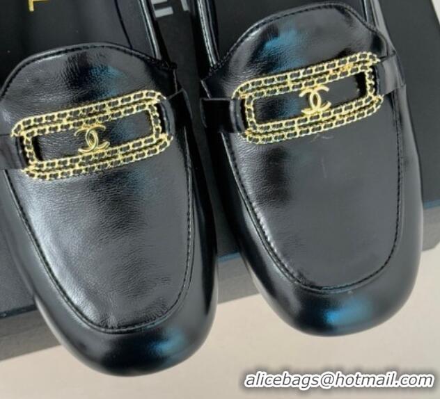 Pretty Style Chanel Shiny Lambskin Loafers with Chain Black 0103059