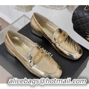 Best Grade Chanel Crumpled Shiny Lambskin Loafers with Chain Gold 0103062