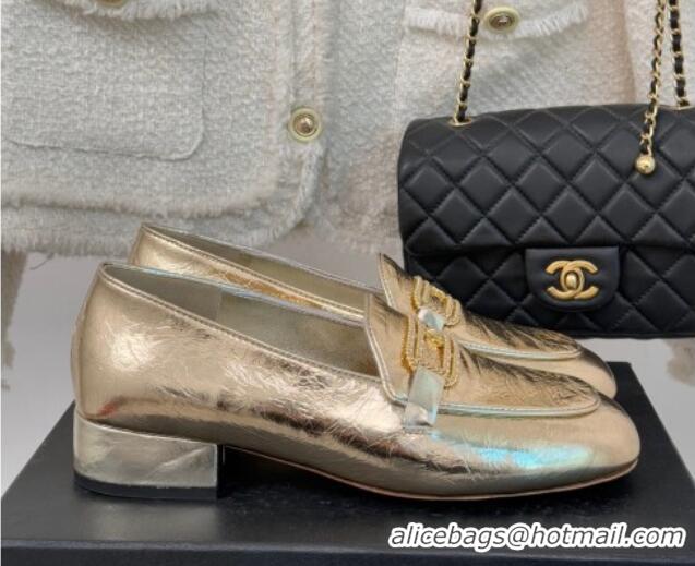 Best Grade Chanel Crumpled Shiny Lambskin Loafers with Chain Gold 0103062