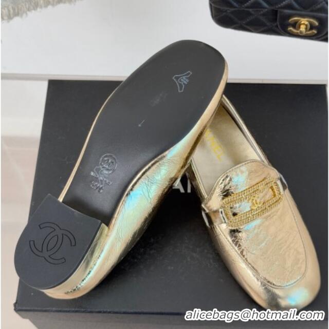 Best Grade Chanel Crumpled Shiny Lambskin Loafers with Chain Gold 0103062