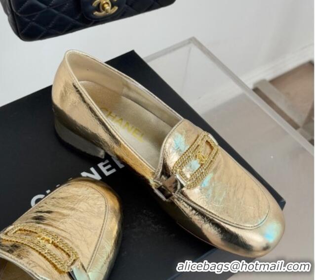 Best Grade Chanel Crumpled Shiny Lambskin Loafers with Chain Gold 0103062