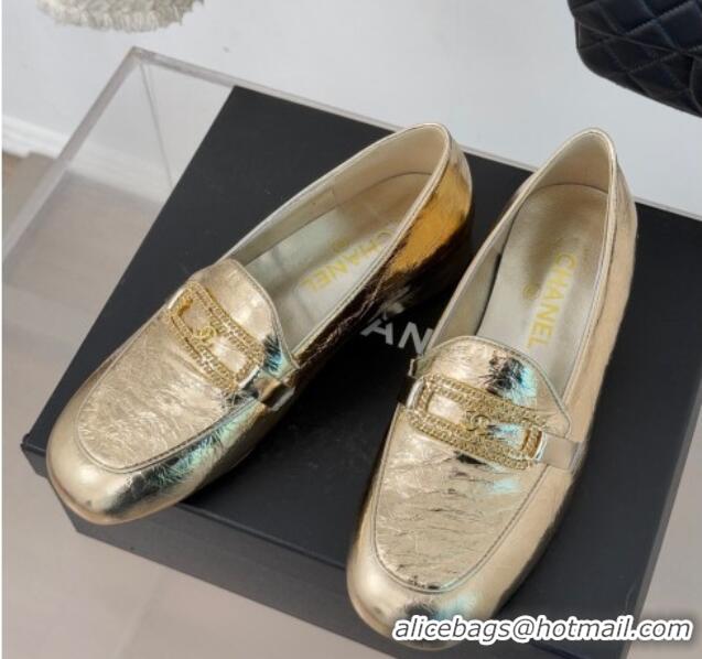 Best Grade Chanel Crumpled Shiny Lambskin Loafers with Chain Gold 0103062