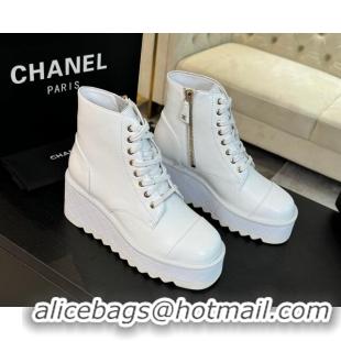 Popular Style Chanel Lambskin Wedge Laced-up Ankle Boots 10cm White 0103063