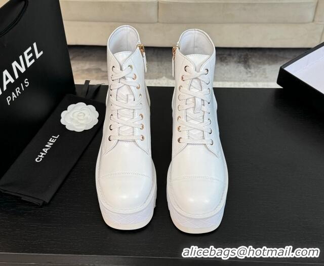 Popular Style Chanel Lambskin Wedge Laced-up Ankle Boots 10cm White 0103063