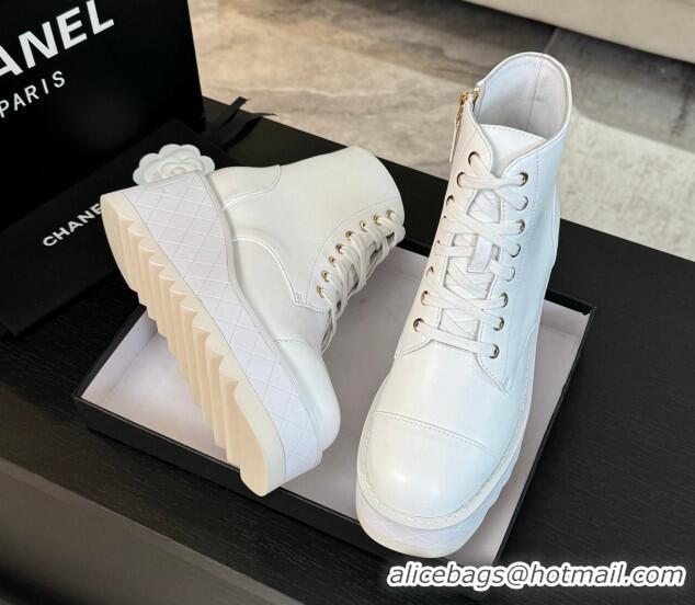 Popular Style Chanel Lambskin Wedge Laced-up Ankle Boots 10cm White 0103063