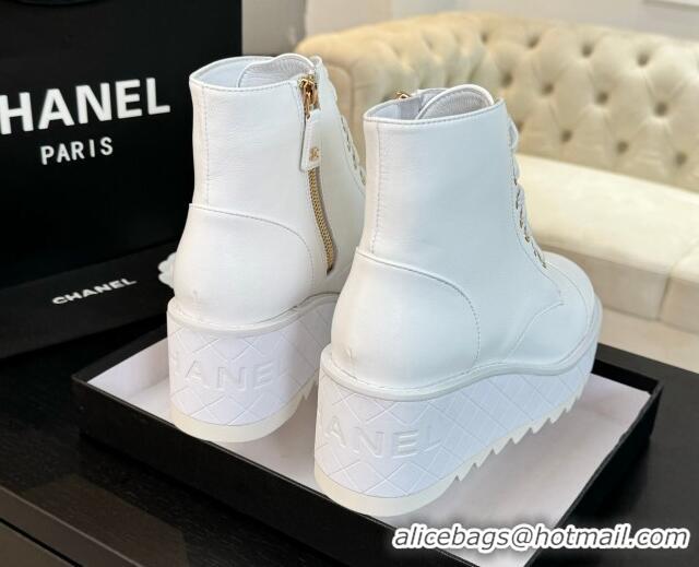 Popular Style Chanel Lambskin Wedge Laced-up Ankle Boots 10cm White 0103063