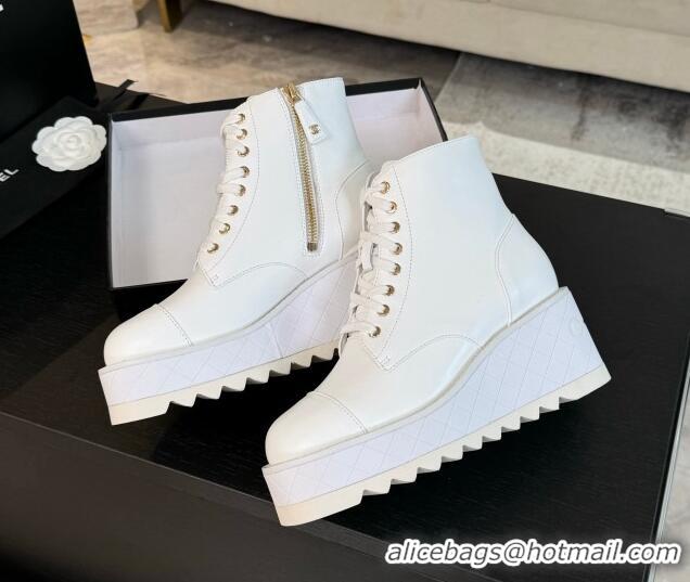 Popular Style Chanel Lambskin Wedge Laced-up Ankle Boots 10cm White 0103063