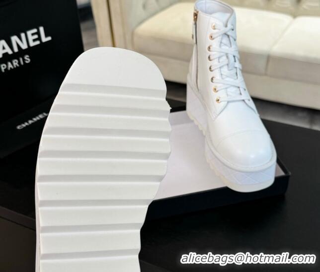 Popular Style Chanel Lambskin Wedge Laced-up Ankle Boots 10cm White 0103063