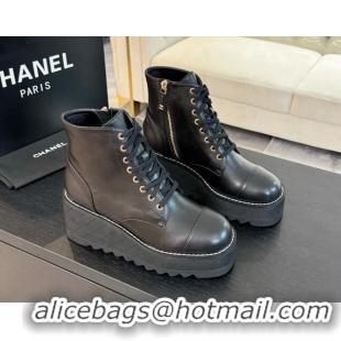 Good Product Chanel Lambskin Wedge Laced-up Ankle Boots 10cm Black 0103064