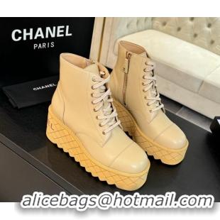 Good Quality Chanel Lambskin Wedge Laced-up Ankle Boots 10cm Beige 0103065