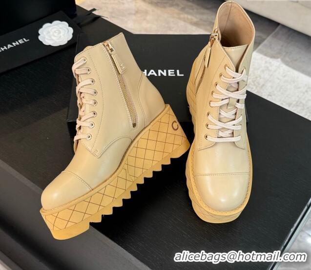 Good Quality Chanel Lambskin Wedge Laced-up Ankle Boots 10cm Beige 0103065