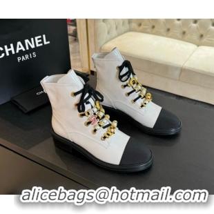 Charming Chanel Crumpled Shiny Calfskin & Grosgrain Ankle Boots with Beads Charm White 0103066